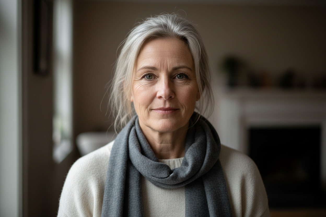 A realistic portrait photo of a Danish woman in her late 50s, calm and confident expression, simple clothing, neutral background, natural lighting, authentic lifestyle look, no retouching, no advertising feel, customer review photo
