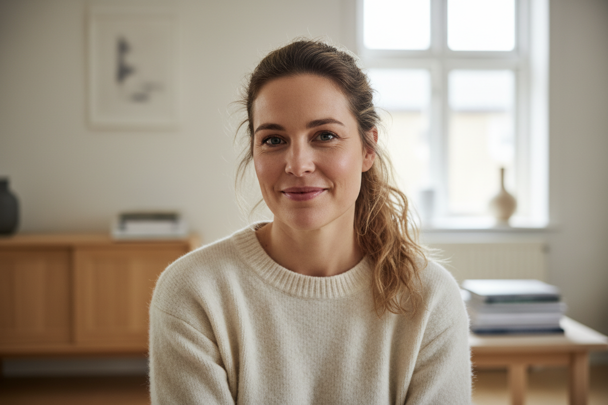 “Dansk kvinde i midten af 30’erne, naturligt og troværdigt udseende. Let smil, let makeup, skandinavisk hudtone, mørkblondt hår i hestehale eller let bølget. Enkelt interiør i baggrunden, fx køkken eller stue. Realistisk lys, ingen poleret reklamelook, ingen filtereffekter.”