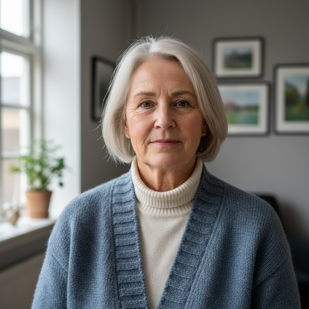 Realistic avatar portrait of a 70-year-old Danish woman, neutral indoor background, natural light, everyday clothing, calm neutral expression, no product, no props, no action, no text, no filters, 1:1.