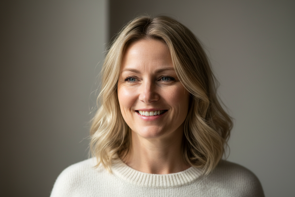 Realistisk portræt af kvinde i 40’erne, venligt smil, naturligt lys, neutral baggrund, hverdagsagtigt udtryk, nordisk hudtone, realistisk fotostil.