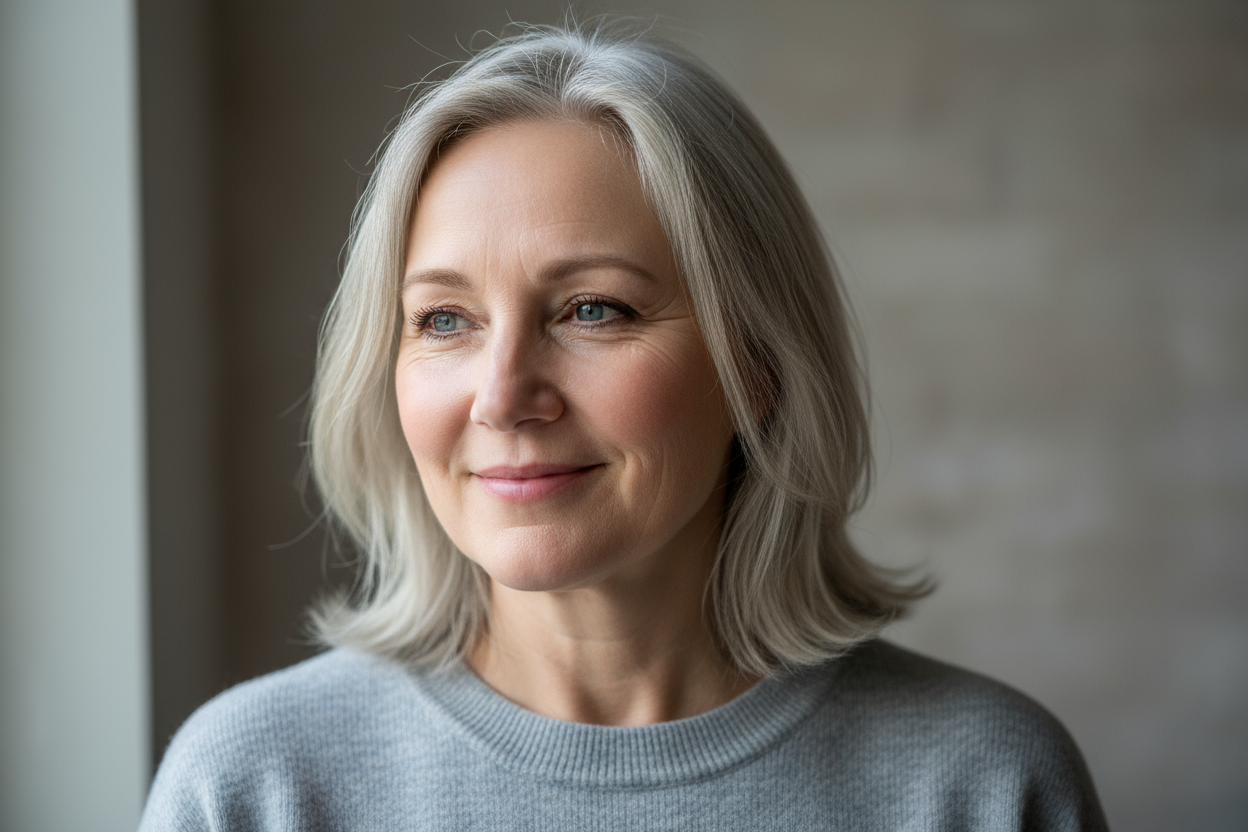 Realistisk portræt af kvinde i 50’erne, venligt smil, naturligt dagslys, neutral baggrund, afslappet og troværdig udstråling, let makeup, nordisk udseende, fotorealistisk stil.