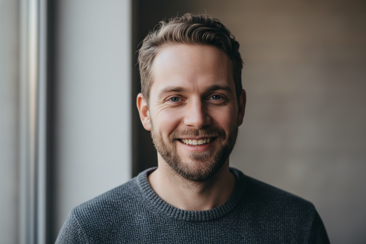 Realistisk portræt af mand i 30’erne, kort hår og skægstubbe, venligt smil, naturligt lys, neutral baggrund, ægte og troværdigt udtryk, nordisk udseende.