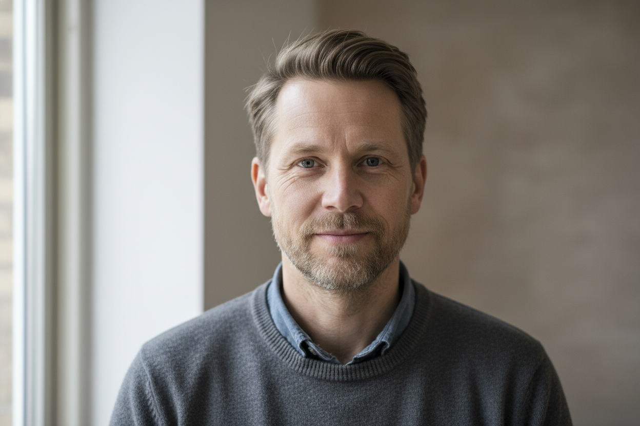 Realistisk portrett av en dansk mann i begynnelsen av 40-årene. Kort hår, gjerne litt skjeggstubb, rolig og naturlig ansiktsuttrykk. Vanlige hverdagsklær, myk innendørsbelysning, nøytral bakgrunn. Ikke modellaktig